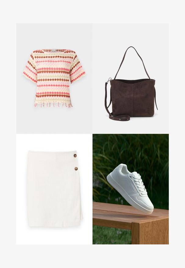 Spetsstickad topp med färgglada horisontella ränder i rosa, röd, grön och brun. Korta ärmar och fransdetalj vid nederkant.; Vit kjol med en strukturerad tygkvalitet, som har en insydd design och två runda knappar på sidan för fastsättning.; Vita sneakers med en slät syntetisk ovandel, perforerat tåparti, platta snören och en strukturerad sula, placerade på en träyta.; Brun mockakläd väska med en mjuk textur, med en ensam axelrem och en subtilt rundad öppning upptill. Inga synliga detaljer i metall.