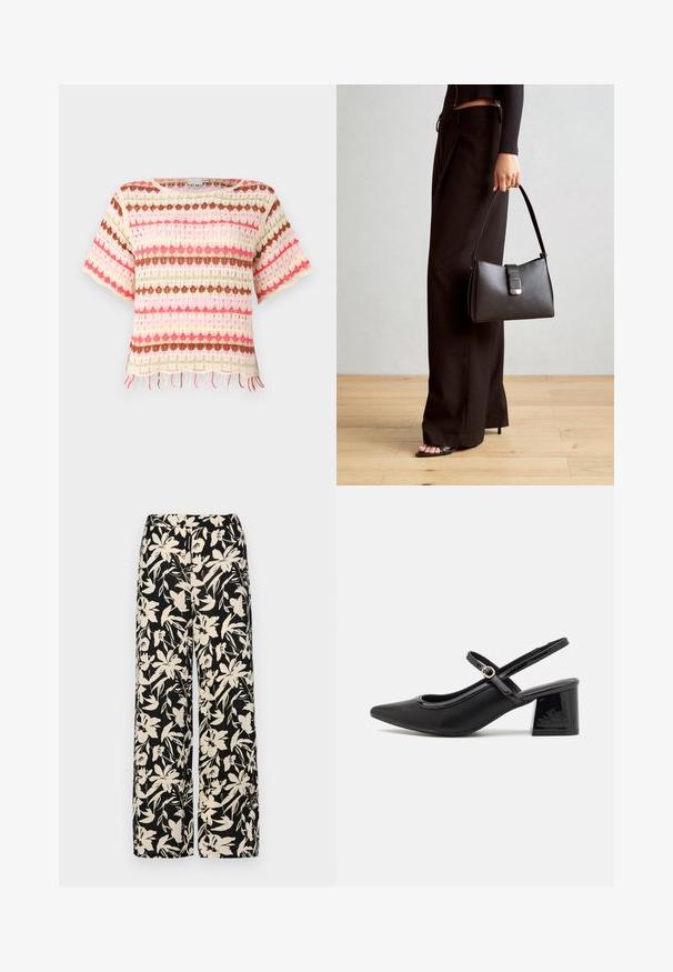 Kudumisest pehme pitsist topp, millel on roosad, punased, rohelised ja pruunid horisontaalsed triibusid. Lühikesed varrukad ja pitsiline ääredetail.; Mustad laiad püksid kreemja lillemustriga. Valmistatud kergest kangast, millel on sile tekstuur ja kõrge vöökoht.; Mustad läikivad nahast slingback-kõrged kontsad, millel on terav nina, ümar lõikekujundus ja blokknina. Omab kuldset nupu aktsenti.; Must musta kott, millel on struktureeritud kuju, sile tekstuur ja metallist klamber. Kombineeritud laiate mustade pükstega ja avatud varvaste sandaalidega puidust põrandal.