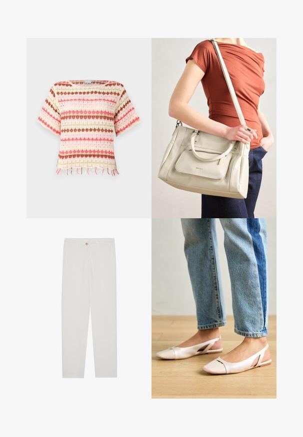 Spitzenstrickoberteil mit bunten horizontalen Streifen in Pink, Rot, Grün und Braun. Kurze Ärmel und fransiger Saum.; Weisse, maßgeschneiderte Hosen mit geradem Bein, die über einen Knopfverschluss, Gürtelschlaufen und Seitentaschen verfügen; glatte Stoffoberfläche.; Blassrosa Slingback-Ballerinas mit spitzem Punkt, aus einem glatten, lederähnlichen Material. Mit Ausschnitten an den Seiten und einem flachen Absatz.; Weiße Lederhandtasche mit zwei Griffen und einem abnehmbaren Schulterriemen, ausgestattet mit einer vorderen Reißverschlusstasche und glatter Textur. Wird am Arm einer Person getragen.