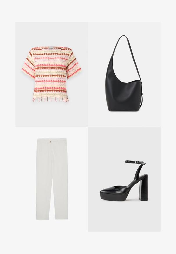 Top din dantelă tricotată cu dungi orizontale colorate în roz, roșu, verde și marron. Mâneci scurte și detalii cu franjuri la tiv.; Pantaloni albi, croiți, cu un design drept al piciorului, având sistem de închidere cu nasture, bucle pentru curea și buzunare laterale; textură de țesătură netedă.; Pantofi cu toc platformă negri, cu vârful ascuțit și curea reglabilă la gleznă. Confecționați din piele netedă, având un toc gros.; Geantă hobo din piele neagră, cu o textură netedă, formă curbată și un singur bretele ajustabil; are o deschidere largă în partea de sus.