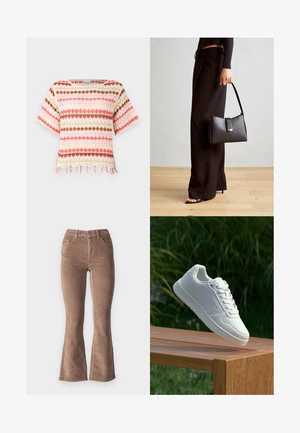 Top in pizzo a maglia con strisce orizzontali colorate in rosa, rosso, verde e marrone. Maniche corte e dettaglio con frange sull'orlo.; Pantaloni a zampa d'elefante in corduroy marrone con una texture a coste, dotati di vita alta, cinque tasche e chiusura con bottone frontale.; Sneaker bianco con tomaia in sintetico liscio, punta perforata, lacci piatti e suola testurizzata, esposto su una superficie di legno.; Borsa nera con forma strutturata, texture liscia e una chiusura metallica. Abbinata a pantaloni neri larghi e sandali open-toe su un pavimento in legno.