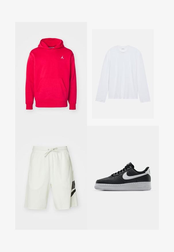 Hoodie rouge en tissu doux, avec une poche kangourou et un petit logo blanc sur la poitrine. Poignets et ourlet côtelés.; T-shirt blanc à manches longues en coton. Il présente un col rond classique et des coutures d'épaule tombantes, avec une texture lisse et unie.; Shorts en coton gris clair avec une taille élastique, un cordon de serrage ajustable et un logo Nike noir sur le côté gauche.; Baskets en cuir noir avec surface texturée, swoosh Nike blanc, semelle grise, bout rond et design à lacets. Comprend des perforations sur la boîte à orteils.