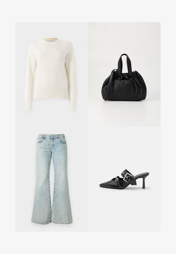 Krém színű kötött, hosszú ujjú pulóver bordázott mandzsettával és aljjal, kerek nyakkivágással, valamint kicsi hímzett logóval a mellkason.; Világoskék, trapéz szabású farmernadrág, magas derékkal, zsebekkel és fonott szegéllyel. Az anyag kifakult mosást és finom textúrát mutat.; Fekete magassarkú mules, hegyes orral, sima bőrből készült. Széles bokapántja van, négyzet alakú ezüst csattal és szegecsekkel.; Fekete bőr kézitáska, összegyűrt felső dizájnnal, két rövid fülekkel és egy hosszú, állítható pánttal. Simább textúra, lekerekített forma.