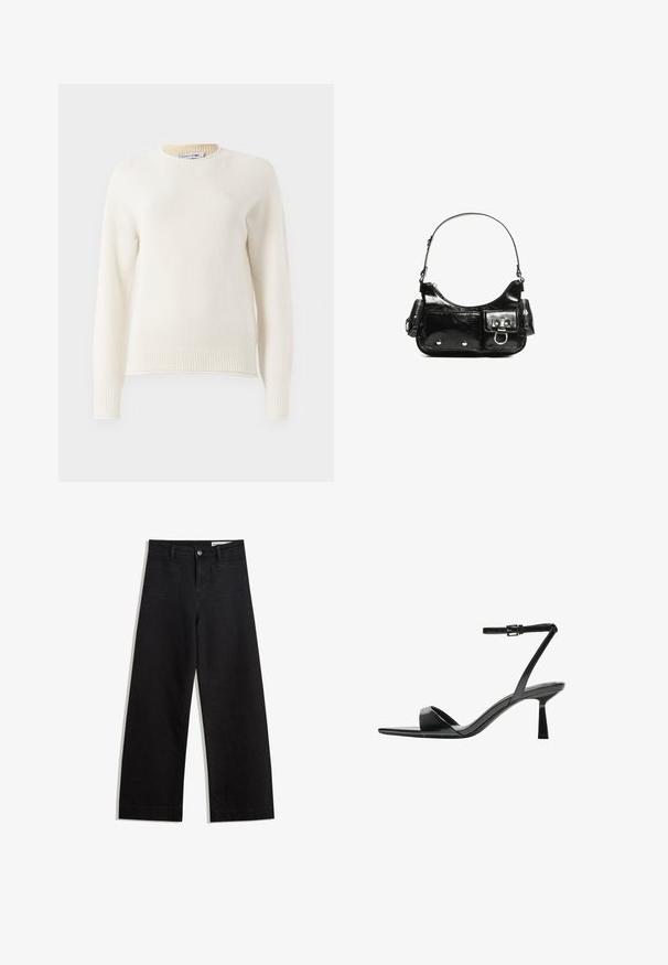 Krém színű kötött, hosszú ujjú pulóver bordázott mandzsettával és aljjal, kerek nyakkivágással, valamint kicsi hímzett logóval a mellkason.; Fekete, bő szabású farmernadrág magas derékkal, elülső és hátsó zsebekkel, varrott felületekkel és gombos záródással. Sima textúra.; Bershka Magas sarkú szandálok - black; Fekete lakkbőr kézitáska ívelt formával, egy vállpánttal, elülső zsebekkel és ezüstszínű fémrészletekkel.
