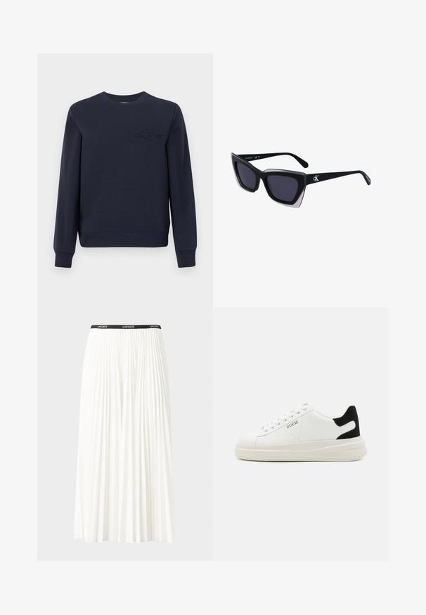 Tengerészkék, puha pamutzsákkal készült pulóver, kerek nyakkivágással, bordázott mandzsettával és díszítéssel. A mellkason hímzett logó található.; Plisszírozott fehér szoknya fekete elasztikus derékkal, amelyen a "LACOSTE" logó található. Középhosszú kialakítás, puha tapintással.; Fehér bőr sportcipők vastag fehér talppal, fekete velúr sarokpikkelyel és dombornyomott logóval az oldalon. Fűzős kialakítás, hat fűzőlyukkal.; Fekete, nagyméretű napszemüveg geometrikus formával, sötét lencsékkel és kontrasztos szürke részlettel a kereten. Logó a szárán.