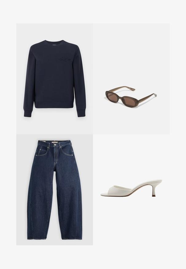 Marineblauwe sweatshirt van zacht katoen met een ronde halslijn, ribgebreide manchetten en zoom. Voorzien van een geborduurd logo op de borst.; Donkerblauwe denim jeans met een losse fit, lichte stiksels, vijf zakken en een knoopsluiting op de taille.; Witte open-toed hoge hakken met een gladde afwerking, minimalistisch ontwerp en een slanke hak, met een subtiele bruine accent op de zool.; Brown ovalen zonnebrillen met donkere lenzen. Het montuur is gemaakt van doorzichtig bruin materiaal en heeft een logo dat op de slapen is gedrukt.; Groeneleren handtas met een gladde textuur, gebogen vorm en gevlochten handvat. Beschikt over een ritsluiting en een verstelbare schouderband.