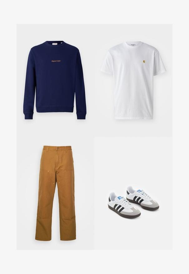 Sudadera color azul marino hecha de algodón, con cuello redondo, puños acanalados y un pequeño logotipo bordado en naranja en la parte delantera.; Camiseta de algodón blanca con mangas cortas, cuello redondo, que presenta un pequeño logo dorado en la parte izquierda del pecho. Textura suave y corte regular.; Pantalones utilitarios de algodón marrón con un diseño de pierna recta, que cuentan con bolsillos frontales y acentos de metal para mayor durabilidad.; Zapatillas deportivas con parte superior de piel blanca, puntera de ante gris y tres rayas negras. Presentan un logo azul en la lengüeta y una suela de goma texturizada.