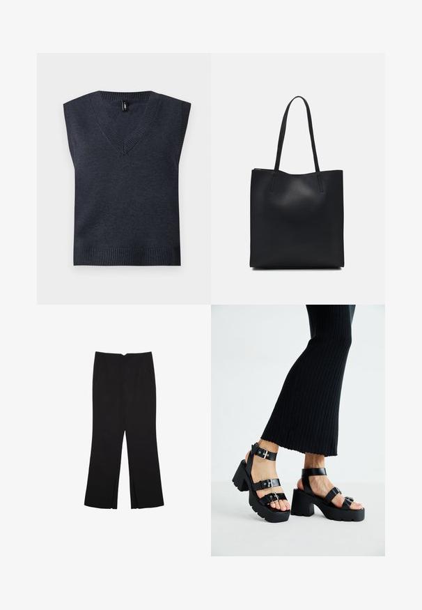 Maglione senza maniche grigio scuro in maglia con scollatura a V e orlo a coste. Texture liscia; design semplice senza motivi o dettagli aggiuntivi.; Pantaloni neri a gamba dritta, con tasche frontali e spacchi laterali all'orlo. Realizzati in tessuto morbido e liscio. Adatti a diverse occasioni.; Sandali neri con piattaforma, suole chunky e tassellate, dotati di molteplici cinturini, con fibbie in metallo e un texture simile alla pelle liscia.; Borsa tote in pelle nera con texture liscia, forma rettangolare e due manici lunghi. Nessun hardware o decorazione visibile.