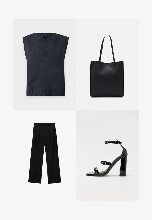 Tmavošedý bezrukávový pletený pulóver s výstrihom do V a rebrovaným lemom. Hladká textúra; jednoduchý dizajn bez ďalších vzorov alebo akcentov.; Čierne široké nohavice s skladmi, s hladkou textúrou a vysokým pásom. Minimalistický štýl, žiadne viditeľné kovania ani ozdoby.; Čierne lakované sandále na podpätku so štvorcovou špičkou, navlečenými remienkami okolo členku a striebornými prackami. Disponujú masívnym blokovým podpätkom pre stabilitu.; Čierna kožená taška na rameno s hladkým povrchom, obdĺžnikovým tvarom a dvoma dlhými uchami. Bez viditeľného kovania alebo ozdôb.