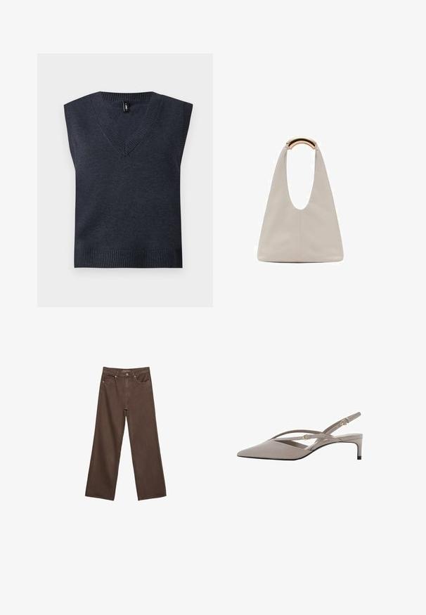 Ciemnoszary, bezrękawnik z dzianiny z dekoltem w kształcie V i ribbanym wykończeniem. Gładka tekstura; prosty design bez dodatkowych wzorów czy akcentów.; Szerokie brązowe dżinsy wykonane z denimu, z wysokim stanem, przednimi kieszeniami i klasycznym zapięciem na guzik. Gładka faktura z subtelnym przeszyciem.; Beżowe szpilki slingback z ostrym noskiem, cienkimi skrzyżowanymi paskami i niskim obcasem stiletto. Gładki materiał z akcentami w kolorze złota.; Jasnoszara skórzana torba o kształcie litery U z zakrzywionym metalowym uchwytem. Gładka tekstura z minimalnymi szwami i bez widocznych wzorów.