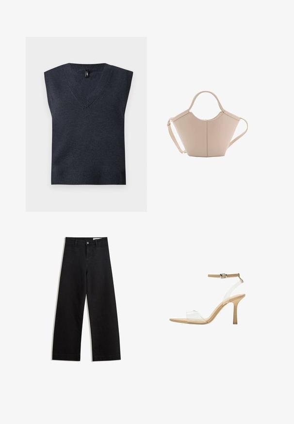 Donkergrijze mouwloze gebreide pullover met een V-hals en ribbing aan de onderkant. Soepele textuur; eenvoudig ontwerp zonder extra patronen of accenten.; Zwarte denim broek met wijde pijpen en een hoge taille, voorzien van voor- en achterzakken, gestikte naden en een knoopsluiting. Gladde textuur.; Heldere sandaal met een doorzichtige bovenkant, beige voetbed en een slanke enkelriem. Voorzien van een spitse neus en een dunne hoge hak.; Beige leren handtas met een unieke vorm, voorzien van twee korte handvatten en een lange verstelbare schouderriem. Glad oppervlak met minimale hardware.