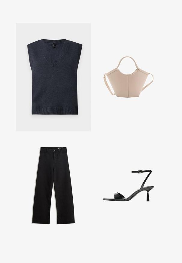 Donkergrijze mouwloze gebreide pullover met een V-hals en ribbing aan de onderkant. Soepele textuur; eenvoudig ontwerp zonder extra patronen of accenten.; Zwarte denim broek met wijde pijpen en een hoge taille, voorzien van voor- en achterzakken, gestikte naden en een knoopsluiting. Gladde textuur.; Bershka Sandalen met hoge hak - black; Beige leren handtas met een unieke vorm, voorzien van twee korte handvatten en een lange verstelbare schouderriem. Glad oppervlak met minimale hardware.