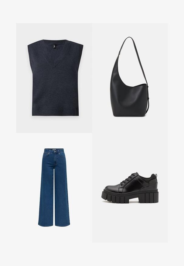 Pull-over sans manches en tricot gris foncé avec un col en V et un ourlet côtelé. Texture lisse ; design simple sans motifs ni accents supplémentaires.; Jean large en denim bleu foncé, avec une taille haute, deux poches avant et un bouton avec fermeture éclair. Finition du bas propre.; Chaussures à plateforme en cuir noir avec un talon bloc épais, bout rond et un design traditionnel à lacets. Elles présentent une texture lisse et un détail minimal.; Sac hobo en cuir noir avec une texture lisse, une forme incurvée et une seule sangle réglable ; dispose d'une large ouverture en haut.
