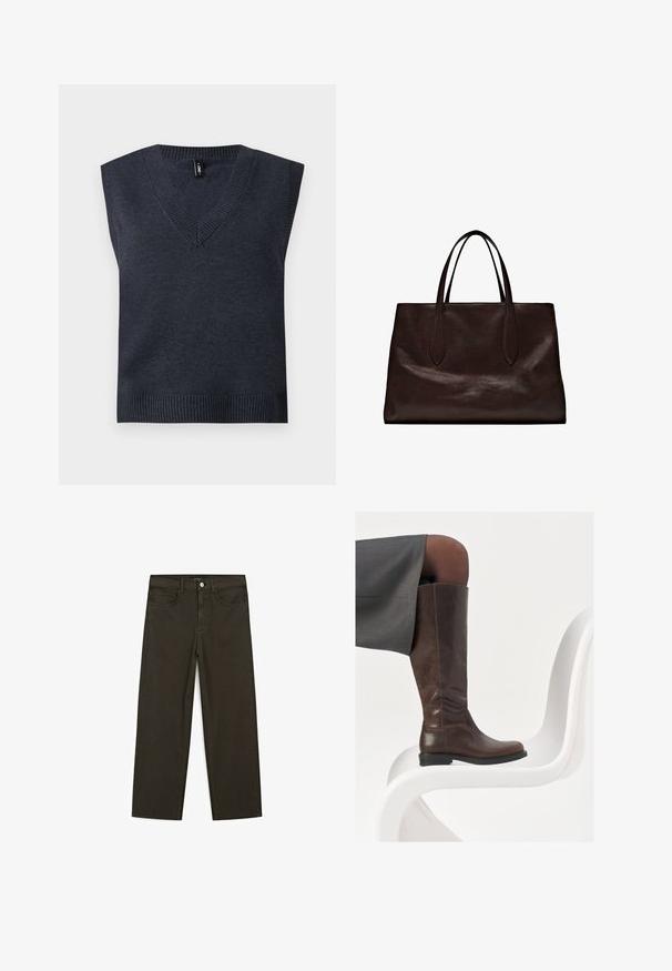 Dunkelgrauer ärmelloser Strickpullover mit V-Ausschnitt und geripptem Saum. Glatte Textur; schlichtes Design ohne zusätzliche Muster oder Akzente.; Dunkelgrüne Jeans im weit geschnittenen Style, hergestellt aus einem Baumwollgemisch. Sie verfügen über einen Frontknopfverschluss, fünf Taschen und klassische Denim-Nähte.; Braune Lederstiefel bis zum Knie mit abgerundeter Spitze, glatter Oberfläche und minimalen Nähten, vor einem hellen Hintergrund auf einem weißen Stuhl.; Massimo Dutti Handtasche - brown