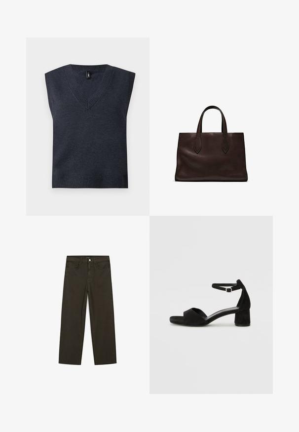 Dark grey sleeveless knitted pullover with a V-neck and ribbed hem. Smooth texture; simple design with no additional patterns or accents.; Dark green wide-leg jeans made of cotton blend, featuring a front button closure, five pockets, and classic denim stitching.; Black suede heeled sandals with a thin ankle strap, open toe design, and a modest block heel. Smooth texture and minimal accents.; Brown leather tote bag with two elongated handles, structured rectangular shape, smooth texture, and subtle stitching details.