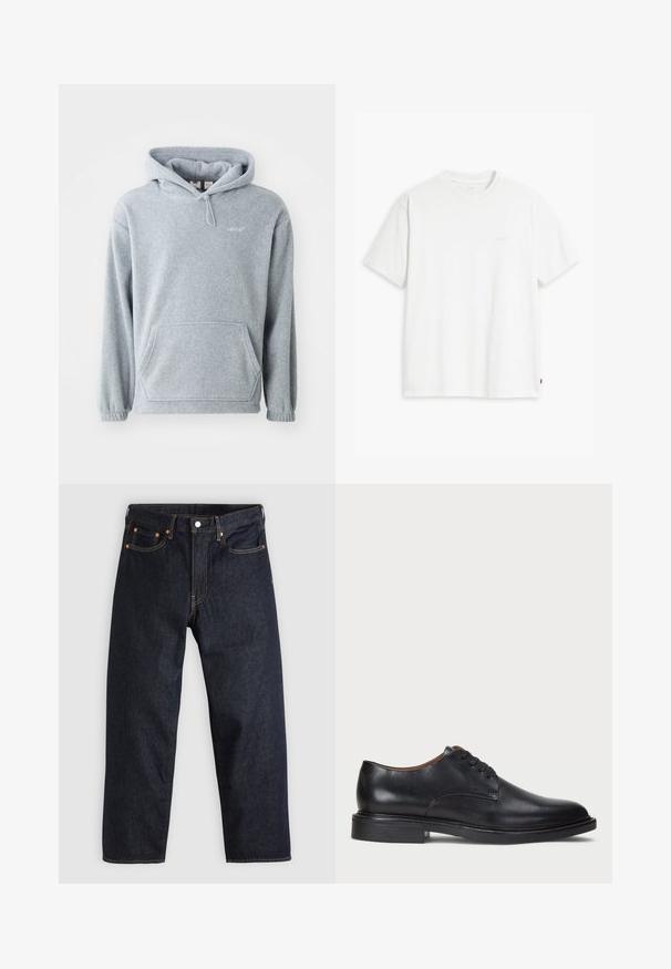 Grå fleece hettegenser med lommer foran, justerbar snor i hetten og ribbestrikkede mansjetter. Har en liten logo på brystet.; Hvit bomull t-skjorte med korte ermer, rund hals og subtilt Levi's-logo trykt i midten. Myk tekstur og standard passform.; Mørkeblå denimjeans med rett snitt, fem lommer, kontrasterende oransjefarget søm, og glidelås med knapp. Ingen synlige mønster eller dekorasjoner.; Sorte skinnsko med rund tå, snøring og lav, stablet hæl. Glatt tekstur med minimale sømdetaljer.