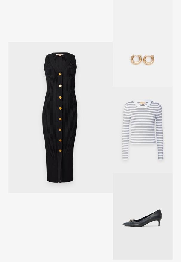 Gestreepte langslavenshirt in grijs en wit, gemaakt van ribbelstof. Ronde halslijn met effen witte afwerking, aansluitende silhouette, rekbaar materiaal.; Zwarte ribgebreide jurk met V-hals, mouwloos ontwerp en gouden knopen aan de voorkant, met een getailleerde silhouet.; Zwart lederen pump met een spitse neus en een lage hak, voorzien van een gestructureerde band en een metallic accent aan de voorkant. Glad oppervlak en slank ontwerp.; Zwarte leren clutch met een gouden kettingaccent, een gladde textuur en gouden logo-details. Inclusief een verstelbare schouderband voor veelzijdigheid.; Gouden hoepel oorbellen met een gepolijste afwerking, met een dik, rond ontwerp en een veilig sluitmechanisme. Gladde textuur en glanzende uitstraling.