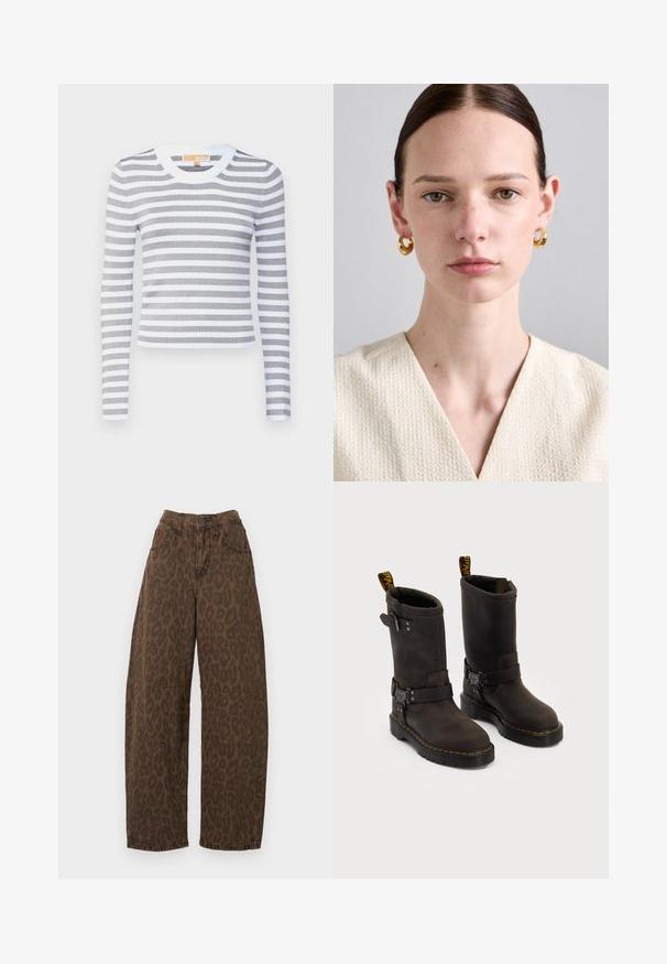 Pasiasty, długi rękaw bluzka w kolorze szarym i białym, wykonana z dzianiny prążkowanej. Okrągły dekolt z jednolitym białym wykończeniem, dopasowany fason, elastyczny materiał.; Brązowe dżinsy w panterkę o szerokich nogawkach, z wysokim stanem, zapinane na guzik, z dwiema przednimi kieszeniami. Wykonane z denimu o gładkiej fakturze.; Ciemnobrązowe skórzane buty z projektu do połowy łydki, żółte szwy, regulowane paski z klamrami oraz pętle do zakupu na górze. Teksturowane wykończenie.; Złote kolczyki w kształcie kół z gładkim wykończeniem, noszone przez osobę o jasnej karnacji, z teksturowaną bluzką w kremowym kolorze oraz dekoltem w serek.