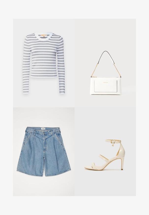 Stribet langærmet top i grå og hvid, lavet af ribbet stof. Rund halsudskæring med solid hvid kant, tætsiddende silhuet, strækbart materiale.; Lyseblå denimshorts med en afslappet pasform, der har høj talje, sidelommer og knaplukning. Bleg tekstur hele vejen igennem.; Beige høje hæle sandaler med tynd ankelrem og to øvre remme. Glanset lakfinish og guld hardware detalje på ankelremmen.; Hvid lædertaske med tekstureret overflade, med en guldkædetras og sorte detaljer. Indeholder en frontlomme og lynlås lukning.
