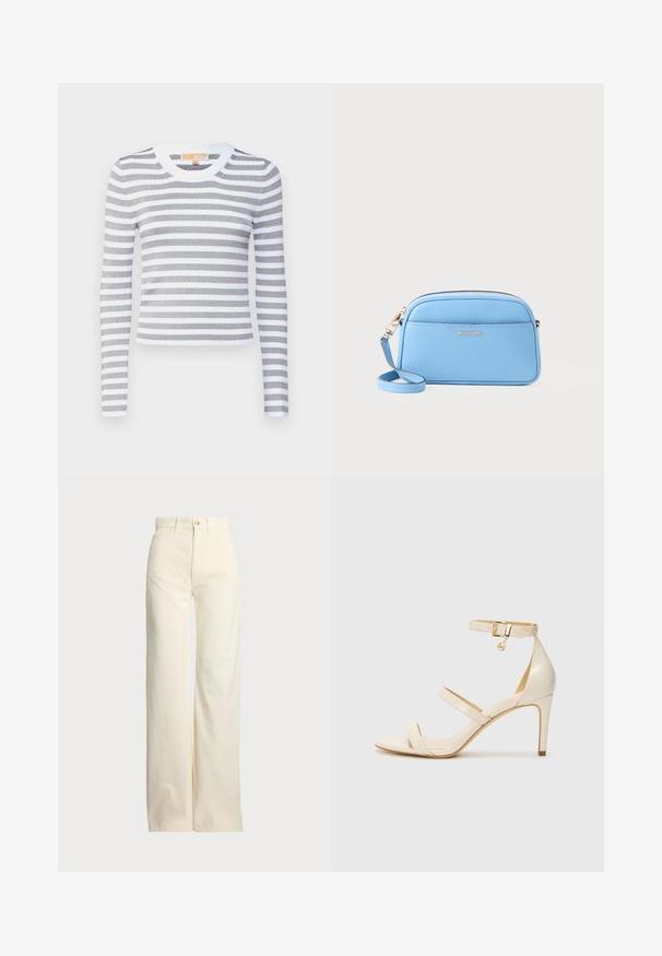 Gestreepte langslavenshirt in grijs en wit, gemaakt van ribbelstof. Ronde halslijn met effen witte afwerking, aansluitende silhouette, rekbaar materiaal.; Polo Ralph Lauren COTTON CORDUROY WIDE-LEG PANT - Broek - warm white; Beige hoge hakken sandaal met dunne enkelband en twee bovenste banden. Glanzende lakafwerking en gouden hardware detail op de enkelband.; Lichtblauwe leren crossbody tas met goudkleurige hardware, ritsluiting en een voorvak. Voorzien van een verstelbare schouderband voor gemak.