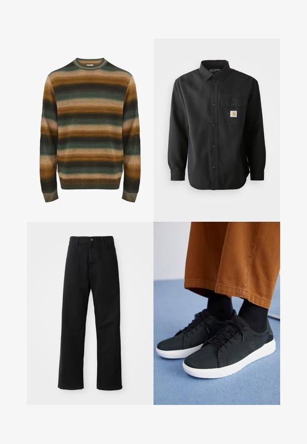 Pull rayé dans des nuances de vert, marron et beige. Présente une texture côtelée, un col rond et des manches longues avec un bord ajusté.; Chemise noire à manches longues avec un devant boutonné, un col pointu et une poche poitrine arborant un patch logo. Tissu doux et texturé.; Pantalons en denim noir à coupe droite, avec poches avant, fermeture éclair et un seul bouton supérieur. Tissu texturé avec une finition mate.; Baskets en suede noir avec semelles en caoutchouc blanc, présentant un design à lacets, des accents texturés et une branding discrète, associées à un pantalon marron.
