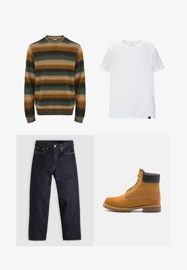 Maglione a righe nei toni del verde, marrone e beige. Presenta una texture a costine, collo rotondo e maniche lunghe con un orlo aderente.; T-shirt bianco attillato in cotone. Collo rotondo, maniche corte, texture liscia. Piccola etichetta nera al fondo. Design semplice.; Jeans in denim blu scuro con taglio dritto, cinque tasche, cuciture arancioni a contrasto e chiusura con bottone. Nessun motivo o decorazione visibile.; Stivale alla caviglia in suede tan con collare imbottito nero, occhielli in metallo dorato, dettagli in cucitura bianca e suola in gomma robusta con battistrada pronunciato.