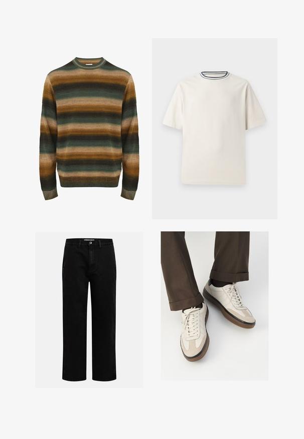 Striped sweater in shades of green, brown, and beige. Features a ribbed texture, crew neck, and long sleeves with a fitted hem.; Cream-colored cotton t-shirt with short sleeves, featuring a round neckline accented by navy and white stripes. Smooth texture, relaxed fit.; Black denim pants with a straight-leg cut, classic five-pocket design, and a button closure at the waist. Smooth texture and durable fabric.; Beige sneakers with a textured suede front, smooth leather sides, and a brown rubber sole. Laces and light stitching detail included.