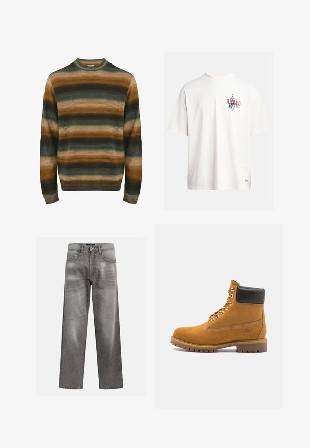 Suéter a rayas en tonos de verde, marrón y beige. Presenta una textura acanalada, cuello redondo y mangas largas con dobladillo ajustado.; Camiseta de algodón crema con mangas cortas y cuello redondo. Presenta un estampado gráfico en azul y rojo con texto y un motivo.; Vaqueros de mezclilla gris con un corte holgado, que presentan detalles de desgaste y decoloración, un clásico diseño de cinco bolsillos y un cierre de botón.; Botín de ante marrón claro con collar acolchado negro, ojales de metal dorado, detalles de costura blanca y suela de goma resistente con tacos pronunciados.