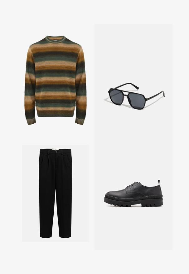Gestreepte trui in tinten groen, bruin en beige. Heeft een ribbelstructuur, ronde hals en lange mouwen met een aansluitende zoom.; Zwarte broek gemaakt van zachte stof, met een recht model, ingestraalde plooien aan de voorkant en een knoopsluiting bij de taille.; Zwarte leren schoen met een ronde neus, vetersluiting en stevige rubberen zool. Heeft een trekkoord aan de hiel en getextureerde accenten.; Zwarte zonnebril met een octagonaal frame, donkere lenzen, glanzende afwerking, dunne tempels en gouden accenten aan de voorkant.
