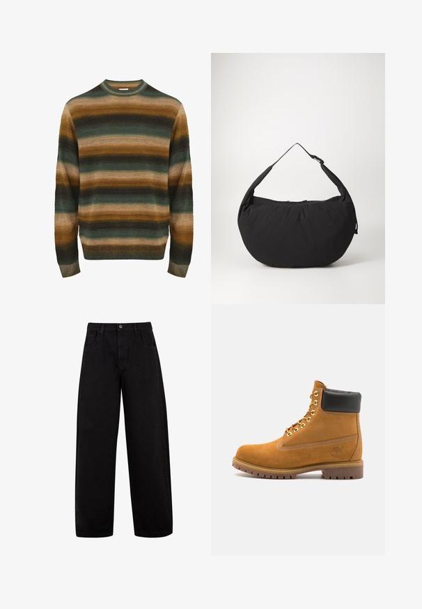 Raidallinen neuletakki vihreän, ruskean ja beigen sävyissä. Siinä on ribbitekstuuri, pyöreä kaula-aukko ja pitkät hihat, joissa on tiivistetty helma.; Mustat leveät farkut, jotka on valmistettu denimistä. Niissä on etutaskut, nappikiinnitys ja puhdas, minimalistinen muotoilu ilman näkyviä kuvioita.; Valkoinen nahkainen nilkkuri mustalla pehmustetulla kauluksella, kultaisilla metallisilla rei'illä, valkoisella ompeluksella ja jykevällä kumipohjalla, jossa on selvästi näkyvät urat.; Musta kangaskassi, joka on kaarevamuotoinen, yksi olkahihna ja vetoketjukiinnitys. Pehmeä rakenne, minimalistinen muotoilu.