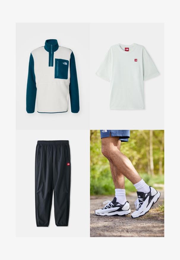 The North Face M YUMIORI 1/4 ZIP - Flisinis džemperis - white dune/midnight petrol/mallard blue; Šviesiai žalia trumpomis rankovėmis marškinėliai, pagaminti iš minkštos medvilnės, su maža raudona logotipo etikete kairėje krūtinės pusėje. Laisvas kirpimas ir apvalus iškirpimas.; Juodi lengvi kelnes pagamintos iš sintetinio audinio, su elastingu juosmeniu, užtrauktukais šoninėmis kišenėmis ir mažą raudoną logotipo etikete.; Juodos ir baltos sportinės bateliai su tinkline viršutine dalimi, tekstūriniais akcentais ir baltomis raištelėmis. Dėvimi su baltomis kulkšnies kojinėmis ir tamsiai mėlynomis šortais takelyje.