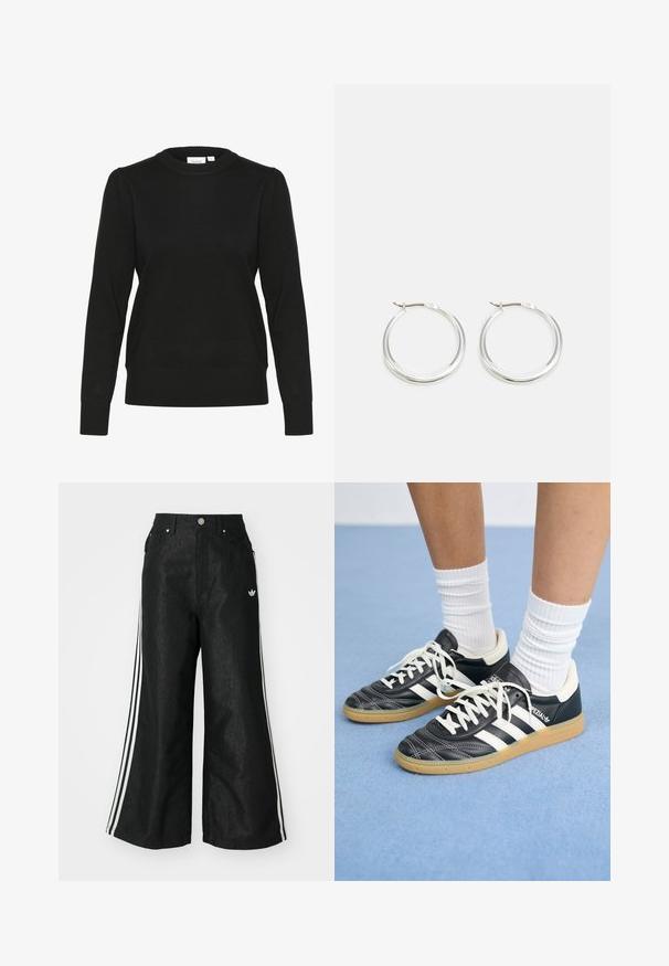 Črna pletena jopica z dolgimi rokavi, okroglo izrezano ovratnikom ter rebrastimi manšetami in robom. Ima nežne pufaste rokave za dodano teksturo.; Črne široke jeans hlače z dvema belima črtama na vsaki strani in majhnim belim logotipom. Imajo sprednje žepke in zapiranje na gumb.; Črne usnjene superge z belimi črtami, okroglo konico, belimi vezalkami in gumijastim podplatom. Poudarjene z oblazinjenim ovratnikom in detajli blagovne znamke.; Srebrni obroči za ušesa imajo gladko, zaobljeno obliko z tankim profilom in varnim zapiranjem. Minimalističen stil z sijočo površino.