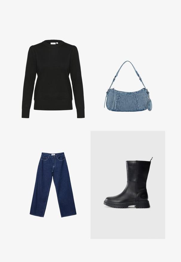 Črna pletena jopica z dolgimi rokavi, okroglo izrezano ovratnikom ter rebrastimi manšetami in robom. Ima nežne pufaste rokave za dodano teksturo.; Široke temno modre kavbojke z gumbom, petimi žepi in kontrastnim belim šivanjem. Tkanina ima gladko, rahlo teksturirano površino.; Črne usnjene gležnjarje z robustnim podplatom z odprtinami, gladko površino in logotipom na strani. Imajo tudi zanko za enostavno obuvanje.; Denim torbica s zakrivljenim oblikom, svetlo modre barve, nastavljivim naramnicam in majhno odstranitveno torbico z metalnimi detajli.