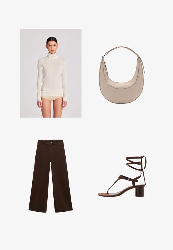 Krémový rolák s dlouhým rukávem vyrobený z lehkého materiálu s hladkou texturou; má přiléhavý střih a detail shrnovaného lemu.; Hnědé kalhoty širokého střihu z bavlněné směsi, s třepicí na lemu, předním zapínáním na knoflík a klasickým designem pěti kapes. Minimalistické a univerzální.; Hnědé semišové sandály na vysokém podpatku s trojúhelníkovým prstovým páskem, zavazováním kolem kotníku a texturovaným blokovým podpatkem pro stabilitu.; Světle béžová kožená kabelka přes rameno s půlměsíčovým tvarem, hladkým povrchem a jedním zakřiveným uchopem. Obsahuje zipový uzávěr a upravené švy.