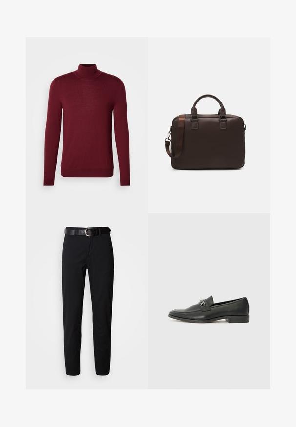 Meeste burgundy värvi pika varrukaga kõrge kaelusega sviiter, millel on soonikkoes mansetid ja allserv, näidatud helesinise halli taustal.; Mustad püksid sirge lõikega, sileda tekstuuriga ja must nahkrihm hõbedase pandlaga. Lihtne disain, ilma mustrite või aktsentideta.; Must haveate nahkking punased, millel on sile viimistlus, tikitud muster ja dekoratiivne metallkett vampi üle. Tasane konts.; Pruun nahast sülearvutikott, millel on tekstureeritud pind, kahekordsed ülemised käepidemed, reguleeritav rihm ja kaks esikinnitust, mis lisavad detaili.