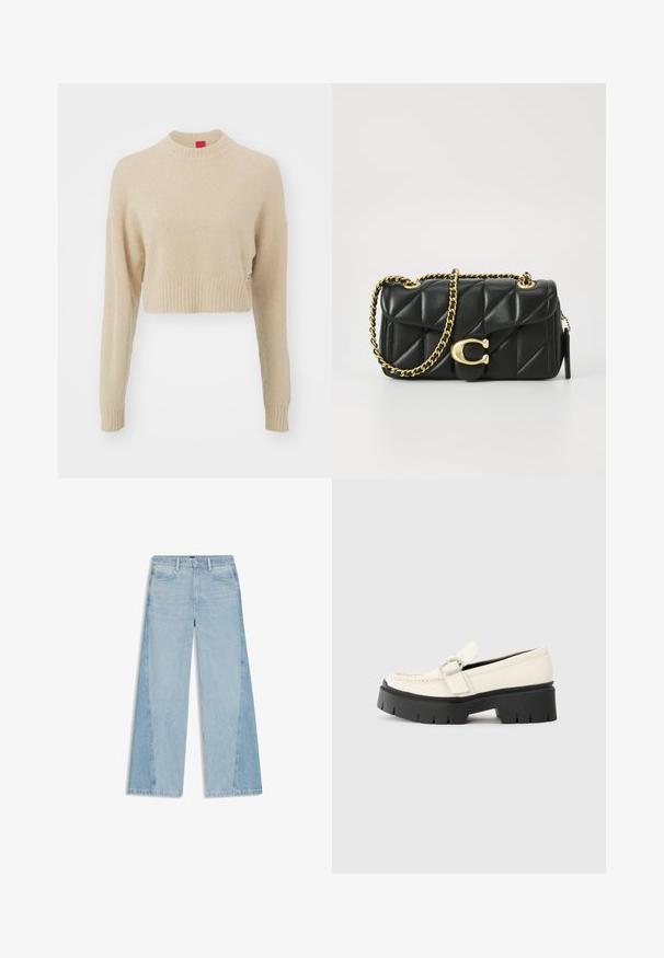 HUGO SELLEN - Pullover - open beige; Jean large bleu clair avec un design bicolore, présentant une texture légèrement délavée et un ourlet brut au niveau des jambes.; Loafer en cuir blanc avec une semelle plateforme noire épaisse, présentant une boucle rectangulaire en argent et des détails de couture visibles sur la tige.; Sac à main en cuir matelassé noir avec une bandoulière en chaîne dorée et un fermoir à bascule avec un accent circulaire. Forme rectangulaire compacte.