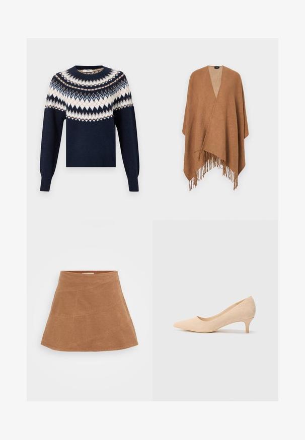 Granatowy sweter z długimi rękawami, zdobiony białymi, beżowymi oraz jasnoniebieskimi wzorami w zygzaki i diamenty na klatce piersiowej i ramionach.; Brąspiana mini spódnica z korduroyu o rozkloszowanym kształcie, z ukośnymi szwami i gładką fakturą. Płaski pas na górze.; Beżowe zamszowe szpilki z ostrym noskiem i smukłym, 5-centymetrowym obcasem. Gładka tekstura z minimalnym zdobieniem na górnej powierzchni.; Brązowy wpleciony poncho z teksturowanym wzorem, z frędzlami na brzegach i dekoltem w kształcie V. Wykonane z miękkiego materiału. Casualowa odzież wierzchnia.