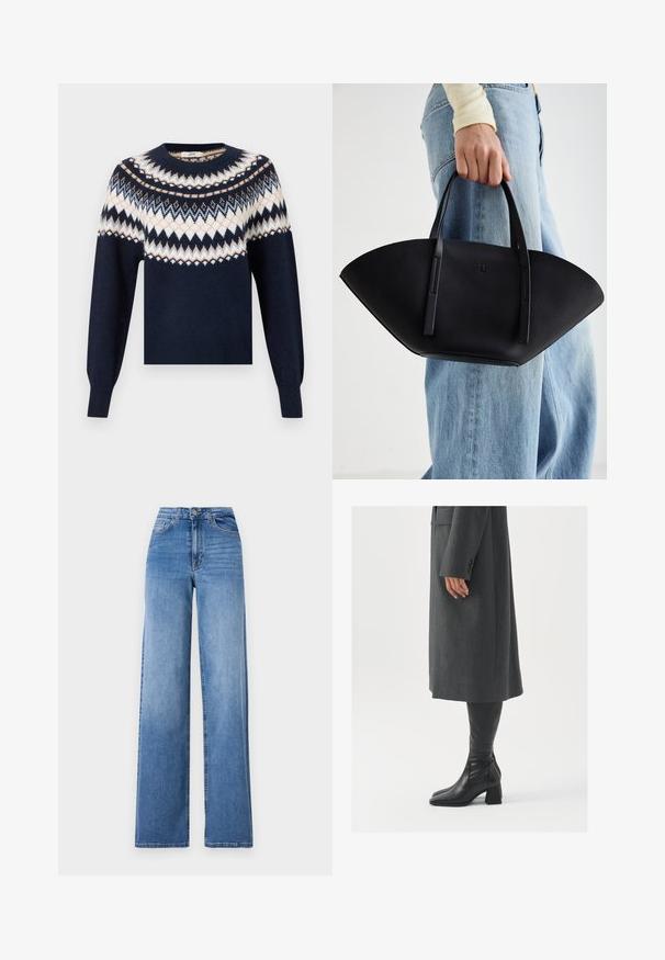 Tengeréskék hosszú ujjú pulóver, amelyet fehér, bézs és világoskék zig-zag és gyémánt minták díszítenek a mellkason és a vállakon.; Világoskék, széles szárú farmernadrág, magas derékkal, elülső zsebekkel és normál gombos záródással. Sima felület.; Szürke, szabott overál, egyenes vonallal; térd fölé érő fekete bőrcsizmákkal párosítva, négyzetes orral és vastag sarokkal.; Fekete bőr kézitáska egyedi legyezőformával, lapos füllel. A felülete kőriszerű textúrájú és minimalista dizájnnal rendelkezik.