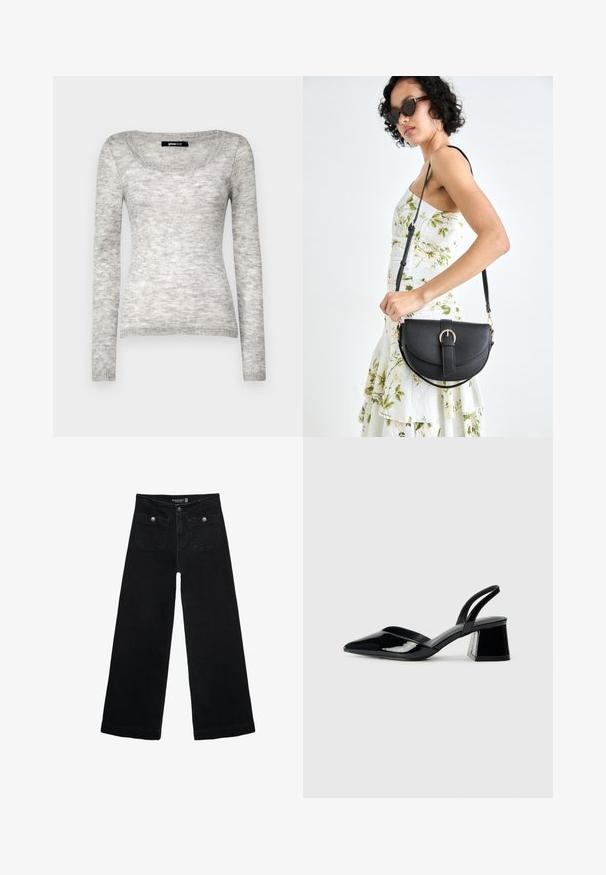 Sivi pulover z dolgimi rokavi in širokim izrezom. Mehka tekstura in subtilen variirani vzorec po celotni površini. Dvignjeni манжетke in spodnji rob.; Črne široke kavbojke z visokim pasom, ki imajo dva sprednja žepa in kovinske gumbi. Tkanina ima gladko teksturo.; Črne lakirane slingback pete s koničastim nosom in geometrijsko blokasto peto. Imajo eleganten, minimalističen dizajn in gladko teksturo.; Črna usnjena torbica s ukrivljeno obliko, z odstranljivo naramnico in zlatimi dodatki. Torbica ima pokrov s podrobnostmi v obliki zaponke.