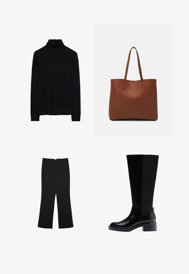 Schwarzer Rollkragenpullover aus einem weichen Strickstoff. Mit langen Ärmeln sowie gerippten Manschetten und Saum. Einfaches, klassisches Design ohne Muster.; Schwarze Hose mit geradem Schnitt, ausgestattet mit Fronttaschen und Seitenschlitzen am Saum. Hergestellt aus weichem, glattem Stoff. Geeignet für verschiedene Anlässe.; Schwarzer kniehoher Stiefel aus glattem Leder, mit markanten Nähten, klobigem Absatz und einer strukturierten Rückseite für zusätzlichen Akzent.; Braune Leder-Tote mit glatter Textur, offenem Oberteil und zwei Schulterriemen. Verfügt über minimale Nähte und keine sichtbaren Beschläge.