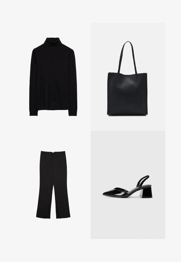 Schwarzer Rollkragenpullover aus einem weichen Strickstoff. Mit langen Ärmeln sowie gerippten Manschetten und Saum. Einfaches, klassisches Design ohne Muster.; Schwarze Hose mit geradem Schnitt, ausgestattet mit Fronttaschen und Seitenschlitzen am Saum. Hergestellt aus weichem, glattem Stoff. Geeignet für verschiedene Anlässe.; Schwarze Lackleder-Slingback-High Heels mit spitzem Schuh und einem geometrischen Blockabsatz. Verfügt über ein schlankes, minimalistisches Design und eine glatte Textur.; Schwarze Laptoptasche aus Leder mit glatter Textur, rechteckiger Form und zwei langen Griffen. Keine sichtbaren Beschläge oder Verzierungen.