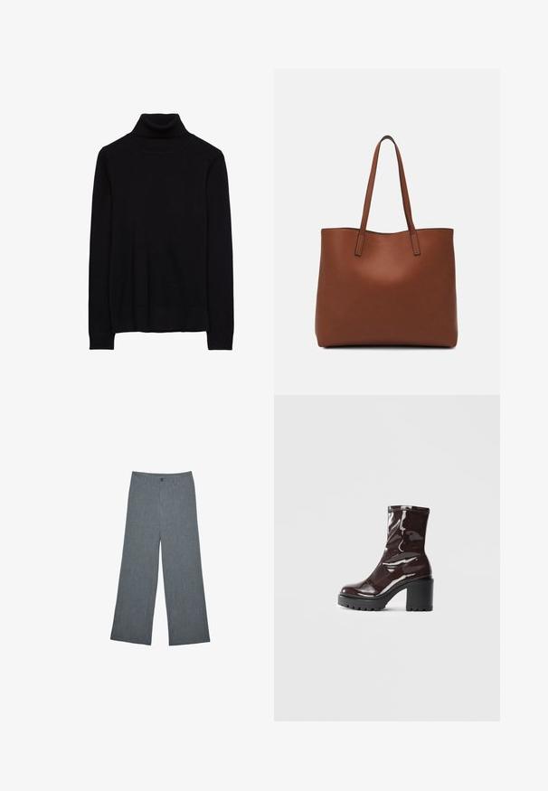 Schwarzer Rollkragenpullover aus einem weichen Strickstoff. Mit langen Ärmeln sowie gerippten Manschetten und Saum. Einfaches, klassisches Design ohne Muster.; Stradivarius SMART FIT - Stoffhose - dark grey; Glatte bordeauxrote Ankle Boots mit einem klobigen schwarzen Absatz, die eine glatte Oberfläche und ein einfaches Design aufweisen. Keine sichtbaren Verschlüsse oder Muster.; Braune Leder-Tote mit glatter Textur, offenem Oberteil und zwei Schulterriemen. Verfügt über minimale Nähte und keine sichtbaren Beschläge.