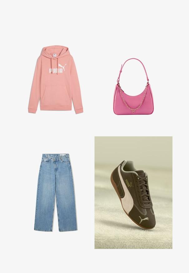 Ljusrosa hoodie med en framficka, snörning i huvan och vit "PUMA"-logga över bröstet. Mjuk tygtextur.; Ljusblå vida jeans i denim, med hög midja, fem fickor, knappstängning och subtil blekning för textur.; Brun Puma-sneaker med beige rand och logotyp, snörad, vilande på en texturerad beige yta.; Rosa syntetisk axelväska med en böjd form, slät yta, avtagbar kedjesnodd och en cirkulär logotypdetalj på framsidan.; Silverhänge med en slät, polerad yta. Har en unik oval form och en säker låsdesign. Märkt "925" för sterlingsilver.