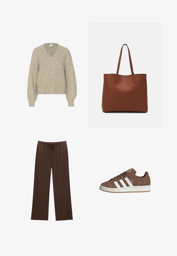 Beige V-Ausschnitt-Pullover aus weichem, strukturiertem Strickstoff. Mit langen Ärmeln und einem verkürzten Saum mit gerippten Bündchen sowie einem lässigen Schnitt.; Braune weite Hosen aus weichem Stoff, mit einem elastischen Bund und Kordelzug sowie zwei Seitentaschen.; Braune Wildledersneaker mit weißen Lederstreifen, Gummisohle, gerundetem Zehenbereich und Schnürung. Mit einem Logo auf der Zunge und perforierten Akzenten.; Braune Leder-Tote mit glatter Textur, offenem Oberteil und zwei Schulterriemen. Verfügt über minimale Nähte und keine sichtbaren Beschläge.