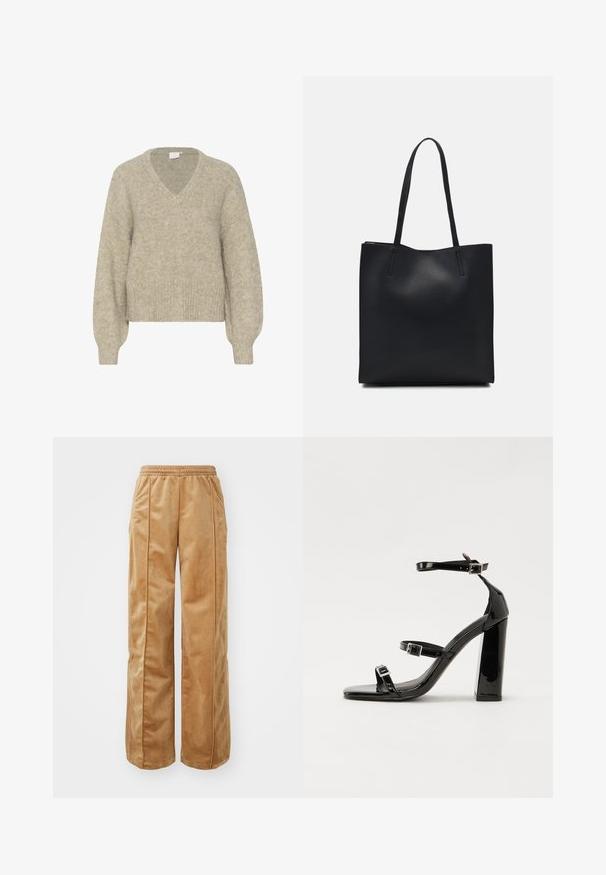 Beige V-hals trui gemaakt van een zachte, gestructureerde breisel. Bevat lange mouwen en een cropped zoom met ribgebreide manchetten en een relaxte pasvorm.; Tan wijde broek van zacht, fluweelachtig materiaal. Voorzien van een elastische tailleband en verticale naden aan de voorkant voor extra detail.; Zwarte gepatenteerde sandalen met hak en een vierkante neus, enkelbandjes en zilveren gespen. Heeft een stevige blokhak voor stabiliteit.; Zwarte leren handtas met een gladde textuur, rechthoekige vorm en twee lange handvaten. Geen zichtbare hardware of versieringen.