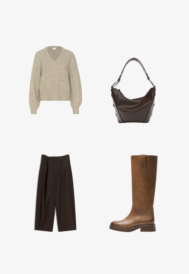 Bež dukserica s v-izrezom izrađena od meke, teksturirane pletene tkanine. Ima duge rukave, skraćeni donji rub s rebrastim manžetama i ležeran kroj.; Tamno smeđe široke hlače s visokim strukom, s jednim dugmadi na zakopčavanju i pregibom sprijeda. Izrađene od laganog materijala.; Smeđe kožne čizme do koljena s zaobljenim nosom, teksturiranom površinom i niskim debljim potplatom. Imaju bočni panel i povlačnu traku na vrhu.; Tamno smeđa kožna torba sa zakrivljenim oblikom, zatvaranjem na zip i kratkom drškom. Ima metalne detalje i dekorativne crne dugmadi sa strane.