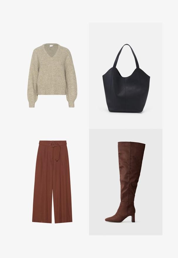 Maglione beige a scollo a V realizzato in morbido tessuto a maglia testurizzata. Presenta maniche lunghe e un'orlo corto con polsini a costine e una vestibilità morbida.; Pantaloni a gamba larga in tessuto marrone, con cintura a fibbia quadrata, design plissettato e texture liscia.; Stivale marrone fino al ginocchio realizzato in materiale morbido simile al suede. Presenta una punta affusolata e un tacco a colonna per garantire stabilità. Finitura liscia e opaca.; Borsa tote nera realizzata in pelle liscia, con una parte superiore curva e aperta, dotata di due manici per spalla e un design minimalista.