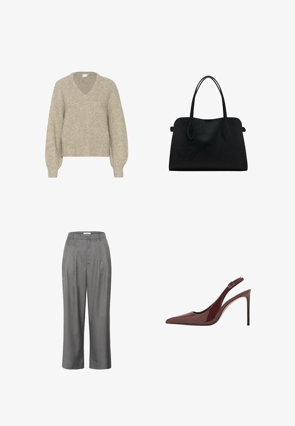 Beżowy sweter w serek wykonany z miękkiej, teksturowanej dzianiny. Posiada długie rękawy oraz krótki dół z ściągaczami, a luźny krój zapewnia wygodę noszenia.; Szare spodnie o prostym kroju, z plisowanym przodem, gładką teksturą materiału oraz klasycznym krojem pasa.; Ciemnobrązowe lakierowane skórzane czółenka na wysokim obcasie z zasuwanym paskiem na kostce oraz smukłym obcasem typu stiletto.; Czarna skórzana torba na ramię z podwójnymi paskami, prostokątny kształt i minimalistyczny design na białym tle.