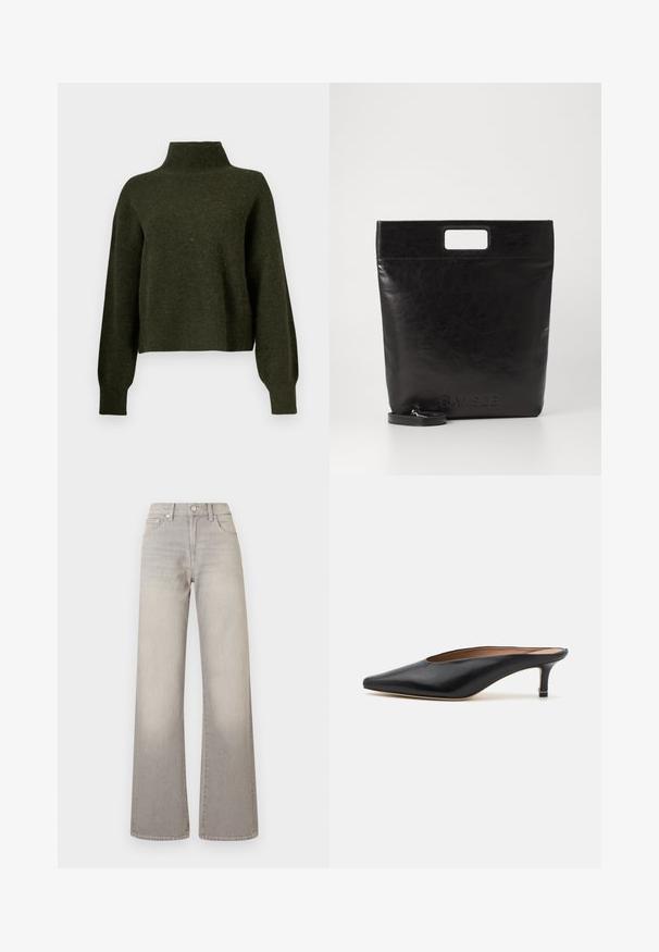 Pull court vert olive avec un col haut et des manches longues et amples. Fabriqué en matériau doux avec une texture légèrement duveteuse.; Jean large gris avec une finition délavée, fermeture à bouton, design à cinq poches et coutures conçues le long des coutures.; Mules en cuir noir avec un bout pointu et un petit talon carré. Texture lisse avec un design épuré. Dos ouvert avec un minimum de détails.; Sac fourre-tout en cuir noir avec une poignée carrée, arborant une finition texturée et un logo en relief. Comprend une bandoulière amovible.