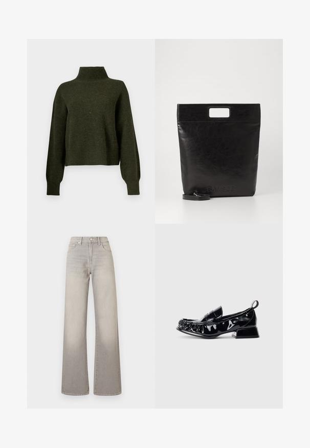 Olivengrøn, cropped sweater med høj hals og lange, løse ærmer. Fremstillet af blødt materiale med en let fuzzy tekstur.; Grå vide ben jeans med en falmet finish, knaplukning, fem-lomme design og syede detaljer langs sømmene.; Sorte patenterede læder loafers med firkantet tå, samlede detaljer, lav blokhæl og strop bagpå på en hvid baggrund.; Sort læder tote bag med et firkantet håndtag, der har en tekstureret overflade og prægede logo. Indeholder en aftagelig rem.
